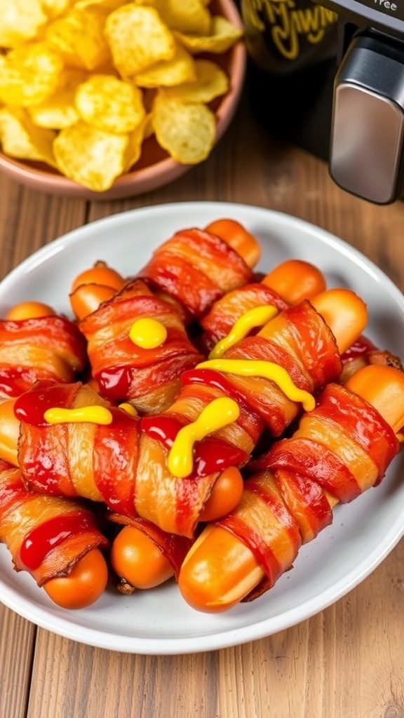 Crispy bacon-wrapped hot dogs on a plate with mustard and ketchup, served with potato chips.